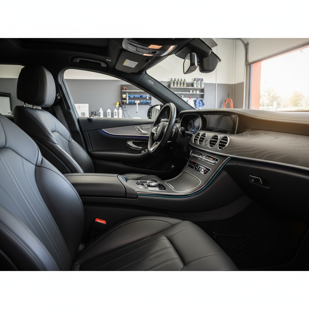 An immaculate car interior photographed in photographic realism, featuring freshly detailed black leather seats with subtle matte sheen, crisp stitching, and dust-free air vents. The dashboard and center console appear flawlessly clean, with no fingerprints or smudges, and soft ambient lighting from the open workshop door illuminating the textures. The background lightly blurs the tidy, neutral-colored detailing bay. Shot from the rear seat at eye level, using a wide-angle composition that captures the front seats, dashboard, and steering wheel in sharp focus. The overall mood is fresh, hygienic, and luxurious, conveying the feeling of a brand-new vehicle after a thorough interior recon, with a clean, modern, professional visual style.
