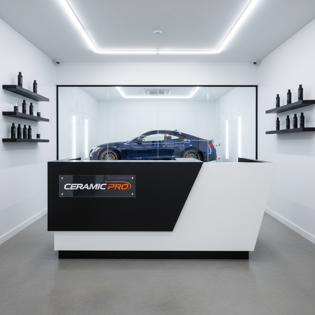A sleek, professionally branded Ceramic Pro style reception desk inside a modern detailing facility, shot in photographic realism. The desk is a combination of matte black and white surfaces with a subtle gloss logo plaque on the front, reflecting soft, clean overhead lighting. Behind, a glass wall reveals a pristine detailing bay with a high-gloss dark-colored car faintly visible, slightly out of focus. The floor is polished concrete, and the interior design is minimalist with a few carefully placed detailing product displays on floating shelves. Captured from an eye-level frontal angle with balanced composition, the scene feels premium, orderly, and trustworthy, conveying a high-end, quality-focused car care business environment without showing any people.