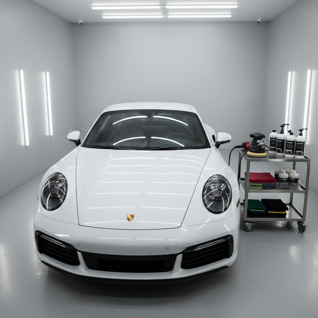 A dynamic, photographic realism scene of a white car undergoing machine polishing in a high-end detailing studio, captured without any human presence. A dual-action polisher rests on a rolling cart beside the car, with neatly folded microfiber pads and labeled polishing compounds organized in trays. The car’s half-polished hood shows a clear contrast: one side hazy with fine swirls, the other side dramatically glossier under the bright, cool-white LED strip lights. Shot from a slightly elevated three-quarter angle, the composition emphasizes the transformation across the paint. The atmosphere is focused and technical, with clean lines, neutral grey walls, and a calm, controlled environment that underscores precision, expertise, and careful workmanship.