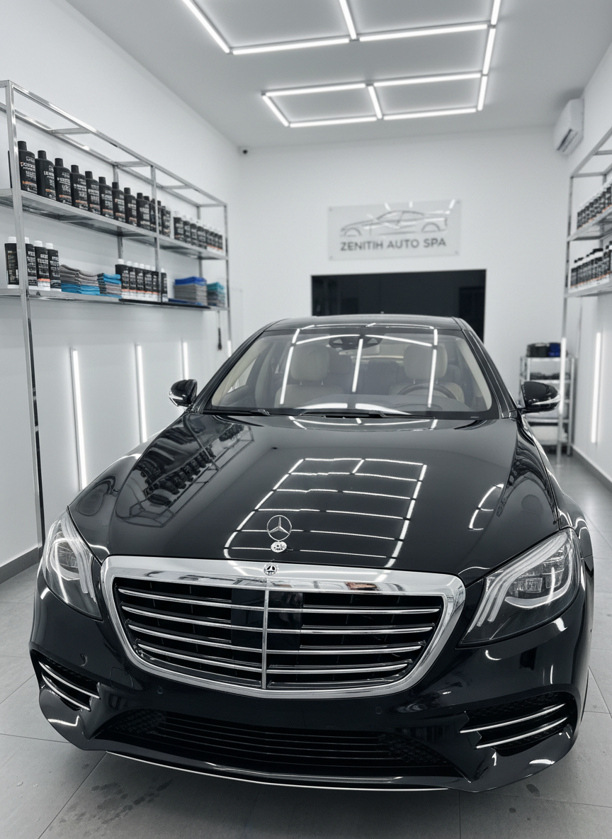 A meticulously detailed, freshly polished black luxury sedan parked inside a spotless, modern detailing studio. The car’s deep gloss paint reflects overhead LED light panels in crisp, mirror-like lines, emphasizing the swirl-free finish and perfect clarity. Around it, organized shelves display premium ceramic coating bottles and microfiber towels on clean white walls, with a subtle hint of branded signage blurred in the background. Photographic realism with a professional, high-end aesthetic, shot at eye level with a slight three-quarter angle, sharp focus on the flawless bodywork and a soft bokeh background. Cool, even studio lighting creates a precise, clinical mood that communicates quality, precision, and trust.