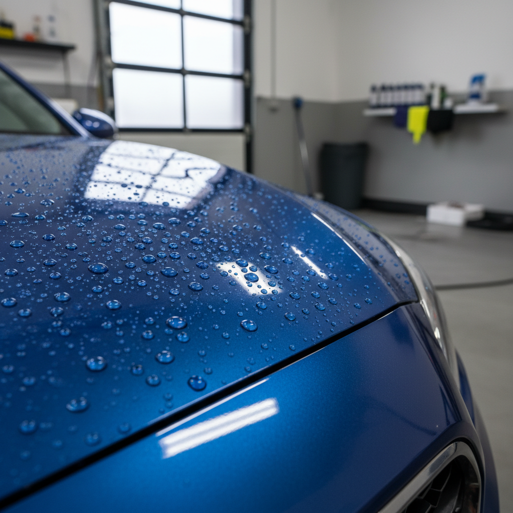 A close-up, photographic realism shot of a car hood showing a perfectly applied ceramic coating, with water beading into uniform, crystal-clear droplets across a deep metallic blue surface. The paint looks impossibly smooth and glossy, reflecting soft diffused light from an overcast sky through a large open workshop door. The environment around is subtly blurred: neatly arranged detailing tools, a clean grey floor, and minimalist walls. Captured from a low, macro-like angle along the curve of the hood with a shallow depth of field, the image highlights surface tension and hydrophobic effects. The mood is technical and professional, emphasizing advanced protection, durability, and precision workmanship in an understated, modern setting.