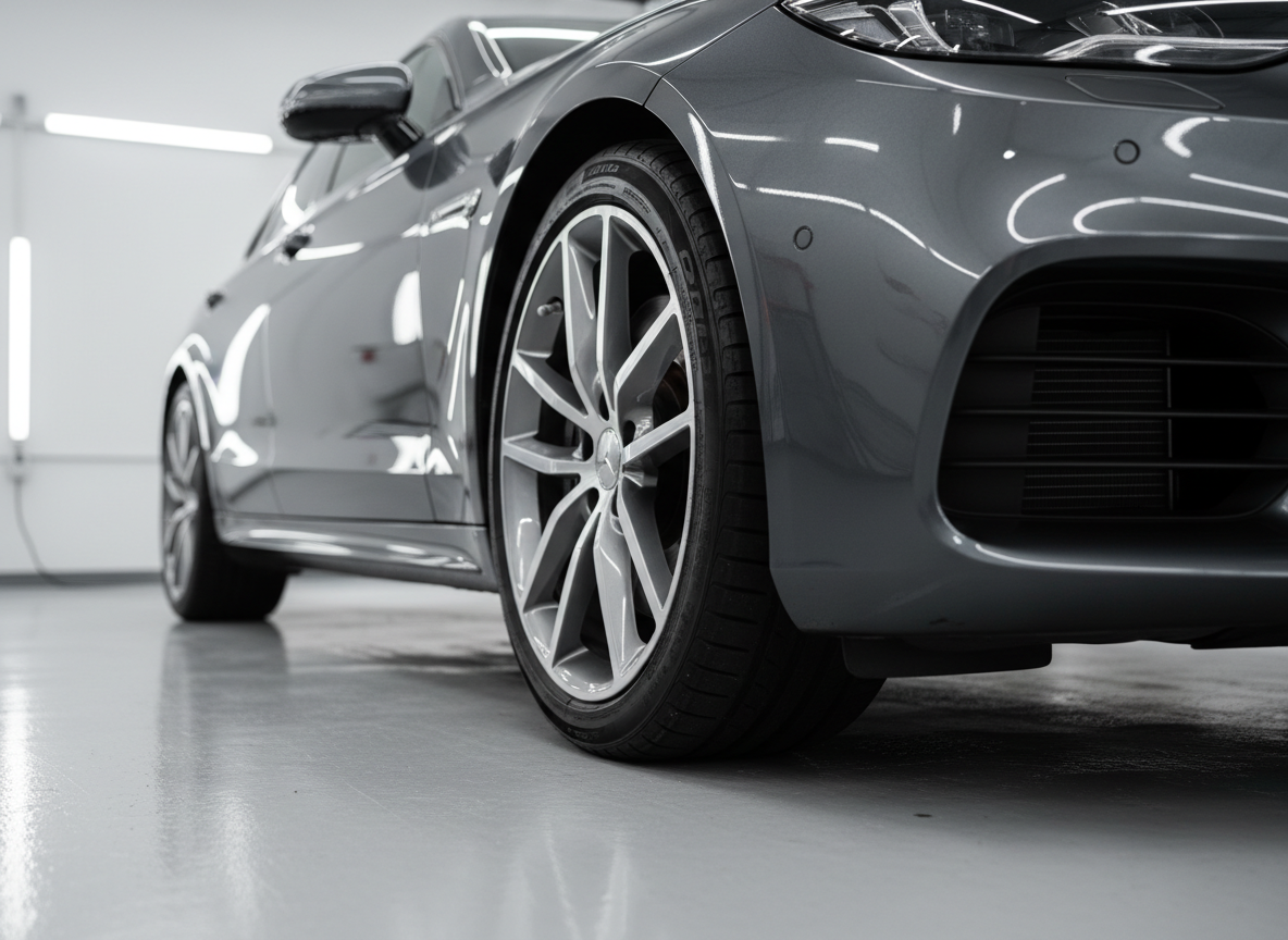 A detailed, photographic realism close-up of a car’s front fender and wheel after an exterior recon, featuring a ceramic-coated, deep metallic grey paint that reflects the workshop interior with high clarity. The alloy wheel appears spotless, with brake dust-free spokes and a perfectly clean tire sidewall with a subtle satin finish, no shine overspray. The car is positioned on a clean, light grey epoxy-coated floor, with softly glowing linear LED lights on the ceiling mirrored in the bodywork. Shot from a low angle near the wheel arch with shallow depth of field, the focus is on the transition between glossy paint, rubber, and metal. The mood is meticulous and precise, highlighting attention to every exterior detail.