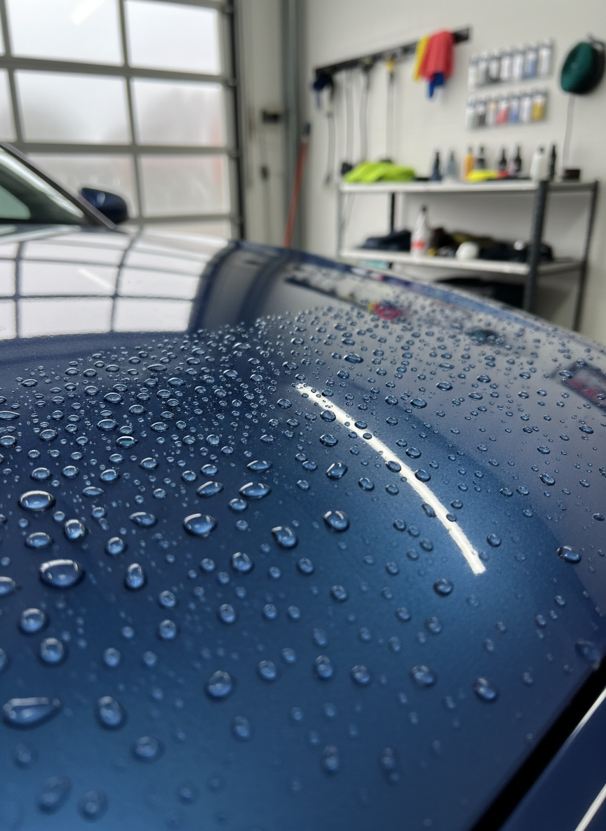 A close-up, photographic realism shot of a car hood showing a perfectly applied ceramic coating, with water beading into uniform, crystal-clear droplets across a deep metallic blue surface. The paint looks impossibly smooth and glossy, reflecting soft diffused light from an overcast sky through a large open workshop door. The environment around is subtly blurred: neatly arranged detailing tools, a clean grey floor, and minimalist walls. Captured from a low, macro-like angle along the curve of the hood with a shallow depth of field, the image highlights surface tension and hydrophobic effects. The mood is technical and professional, emphasizing advanced protection, durability, and precision workmanship in an understated, modern setting.
