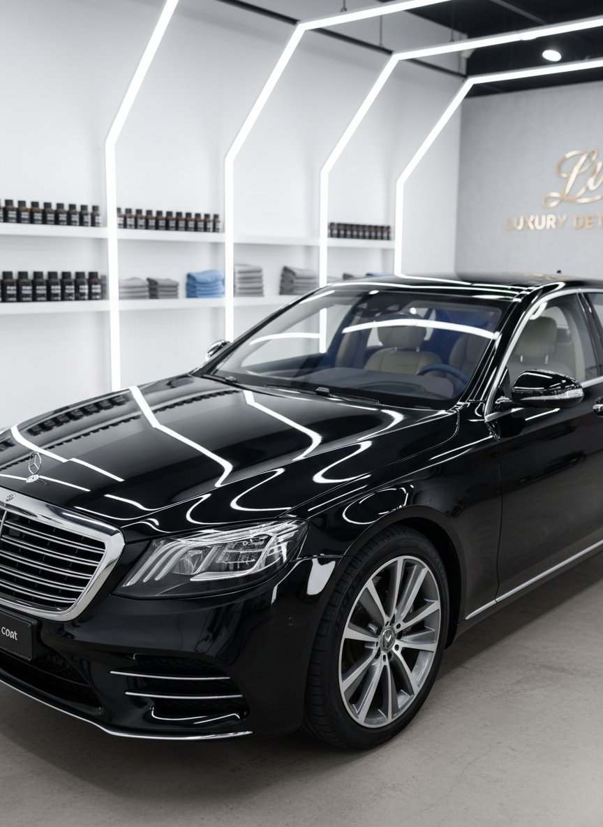 A meticulously detailed, freshly polished black luxury sedan parked inside a spotless, modern detailing studio. The car’s deep gloss paint reflects overhead LED light panels in crisp, mirror-like lines, emphasizing the swirl-free finish and perfect clarity. Around it, organized shelves display premium ceramic coating bottles and microfiber towels on clean white walls, with a subtle hint of branded signage blurred in the background. Photographic realism with a professional, high-end aesthetic, shot at eye level with a slight three-quarter angle, sharp focus on the flawless bodywork and a soft bokeh background. Cool, even studio lighting creates a precise, clinical mood that communicates quality, precision, and trust.